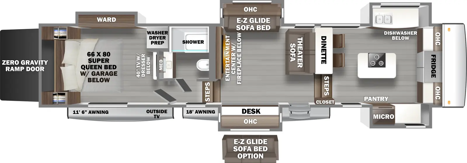 The Riverstone 42FSKG has one entry door, two electric power awnings, and five slideouts. The front awning is 18 feet and the rear awning is 11 feet 6 inches with an outside TV underneath. Two of the slideouts are on the door side. Three of the slideouts are on the off door side. The rear of the living area has an entertainment center with an electric fireplace below. The rear door side corner has steps leading to a hallway leading to a bathroom on the right and the bedroom straight ahead. The off door slideout has a sofa bed with overhead storage above. The front of the living area has a sofa with theater style seating in the off door corner and steps leading to the front kitchen area in the front door side corner. The living area door side slideout has a desk with overhead storage above it.  The bathroom has a toilet, linen storage, shower and a sink. A medicine cabinet is above the sink.The off door side of the bedroom has a slideout with a wardrobe. The front off door side of the bedroom has washer and dryer prep. The front of the bedroom area has a 40 inch TV with a dresser below. The rear of the bedroom has a 66 by 80 inch queen bed with wardrobes on the right and left of the bed. A garage storage area is beneath the bedroom area. The garage storage area is accessible by an exterior rear ramp door. Up the steps, to the right of the entrance door, the front kitchen area has a dinette with two chairs facing the rear of the RV. The off door slideout has a countertop with